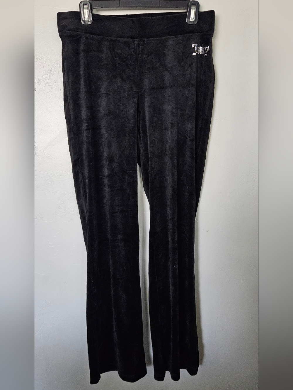 Juicy Couture Medium Black Velour Lounge Pants with Rhinestone Script Track Y2K